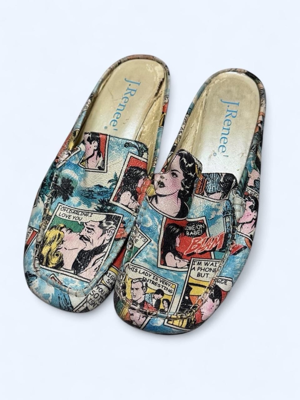 J.Renee Comic Strip Slip-On Mules in Blue, Red, Yellow